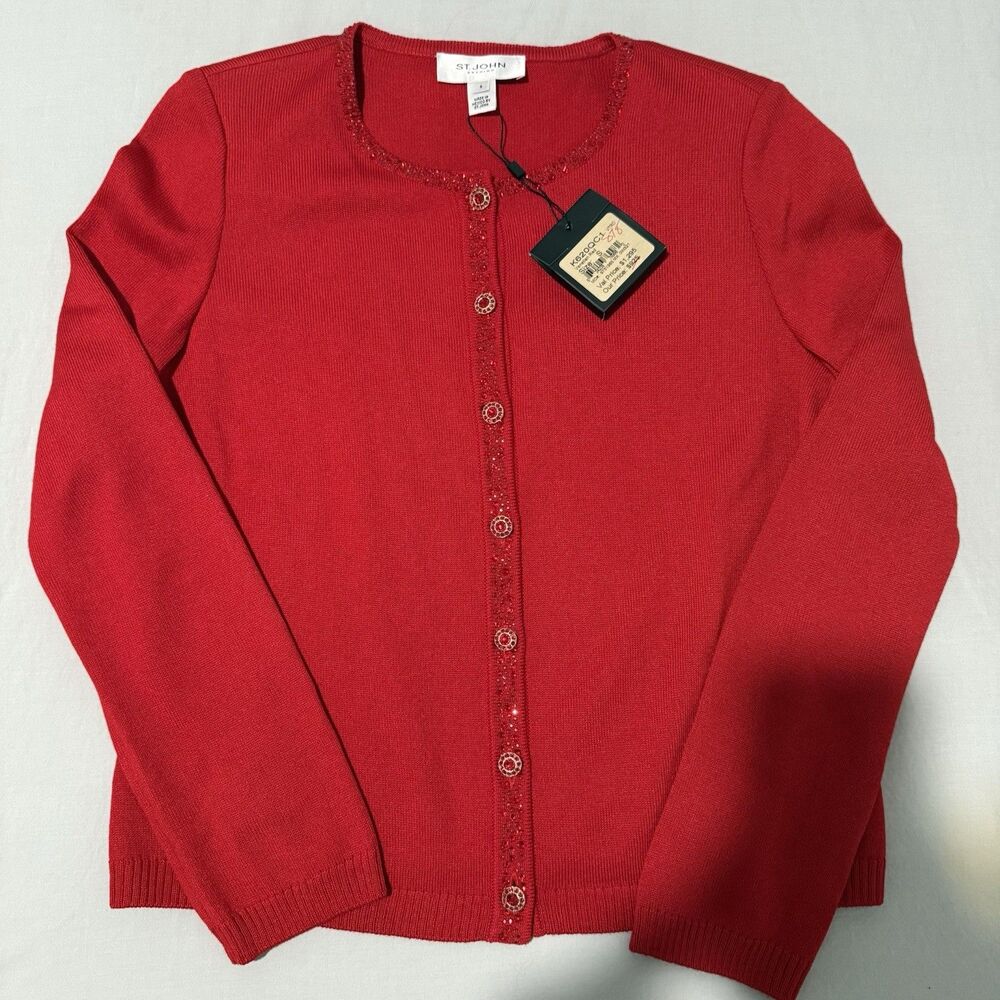 St John Evening Cardigan Women’s Venetian Red Crystal Embellished Buttons